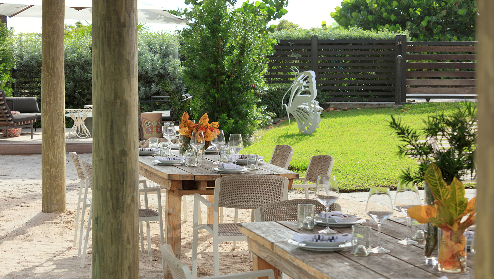 outside tables set up at pool restaurant