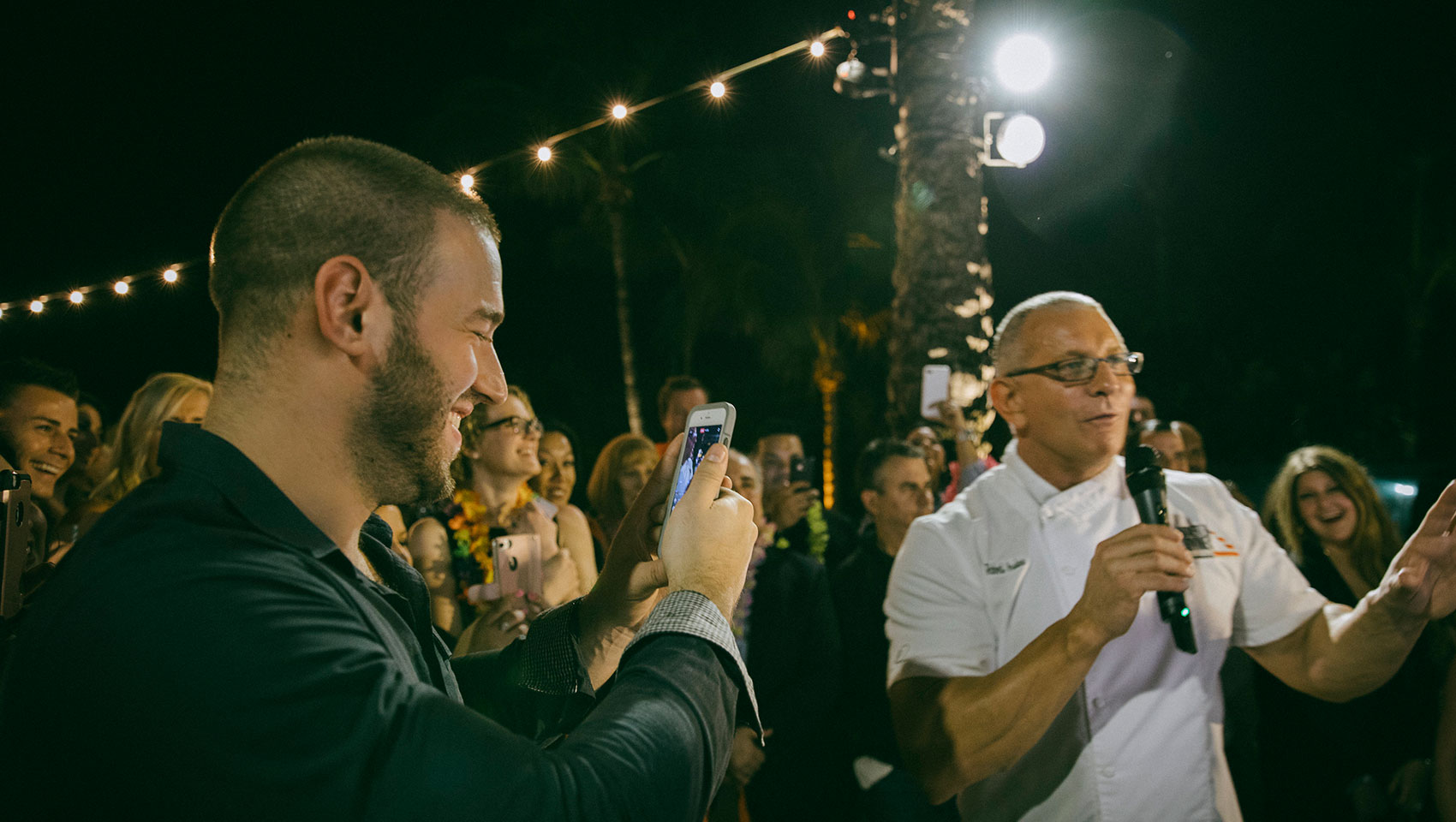 Chef speaking and guest filing at food & wine event at Kimpton Surfcomber Hotel