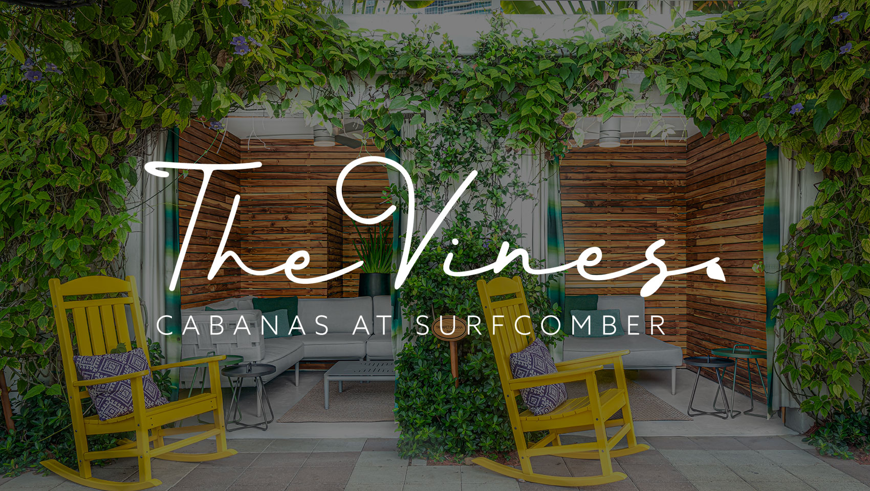 The Vines logo with cabanas in background